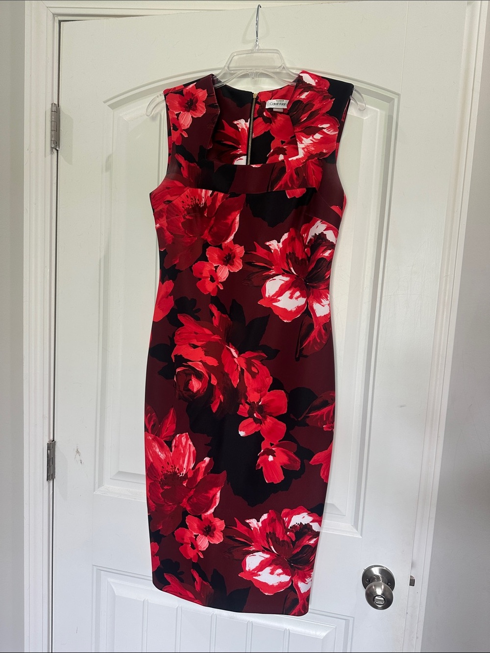 Calvin Klein Red and Black Floral Midi Sheath Dress
